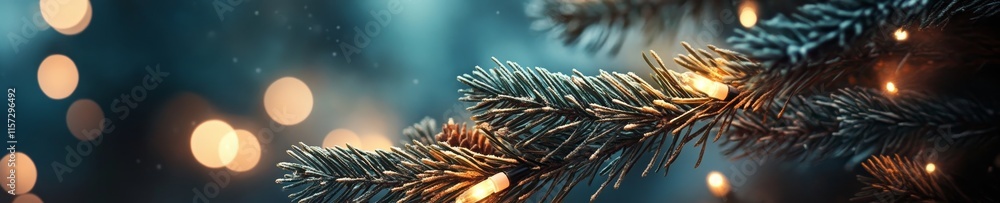 Poster close-up view of evergreen branches adorned with glowing lights creating a festive atmosphere during