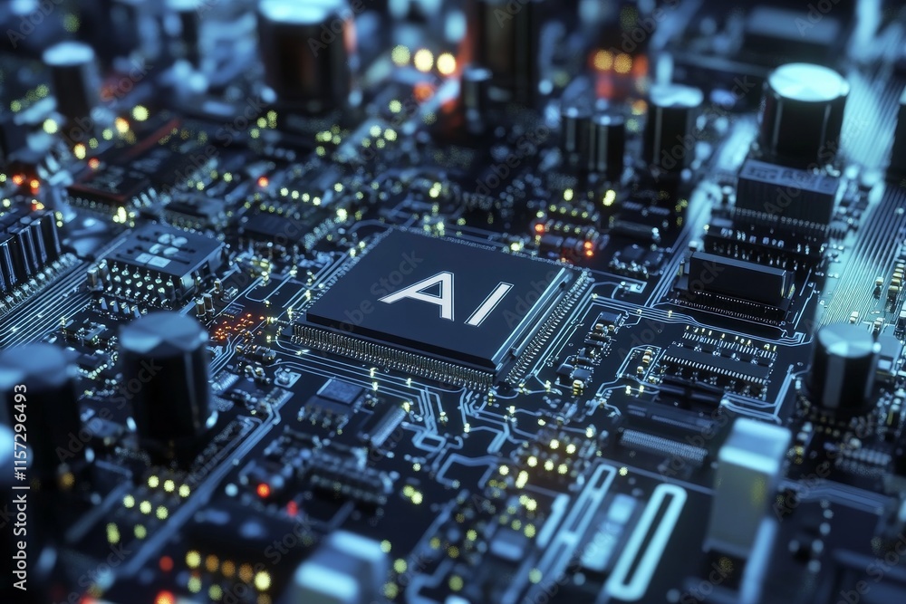 Poster close-up view of a computer circuit board featuring an ai processor surrounded by intricate electron