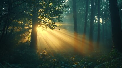 Fototapeta premium Radiant sunbeams shining through a dense forest at dawn, with a soft mist rising from the ground