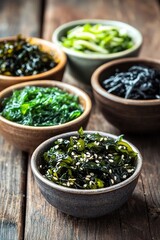 Vibrant bowls of seaweed showcase diverse textures and colors, e