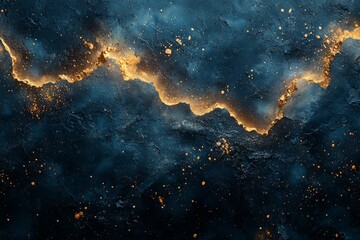 Splashes of golden paint on a dark blue concrete wall produce an abstract grunge texture, offering a perfect industrial elegance touch for any project.