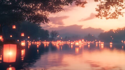 A sunset scene with floating lanterns on a reflective body of water. 