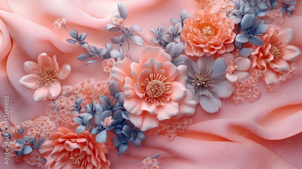 Poster floral arrangement featuring soft pink and blue tones on smooth fabric creating an elegant and artis