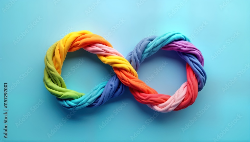 Poster colorful rainbow infinity symbol on blue background. vibrant colors create endless loop. modern desi