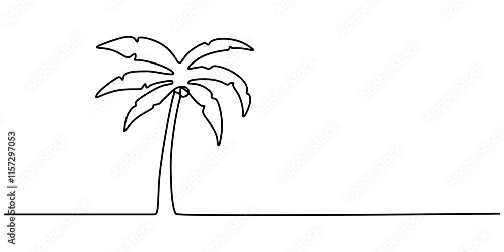 Poster Continuous Line Drawing of a Palm Tree – Tropical Vector Design, Palm tree single line drawing of continuous one line vector art outline illustration, one line drawing of Palm trees on a beach. 