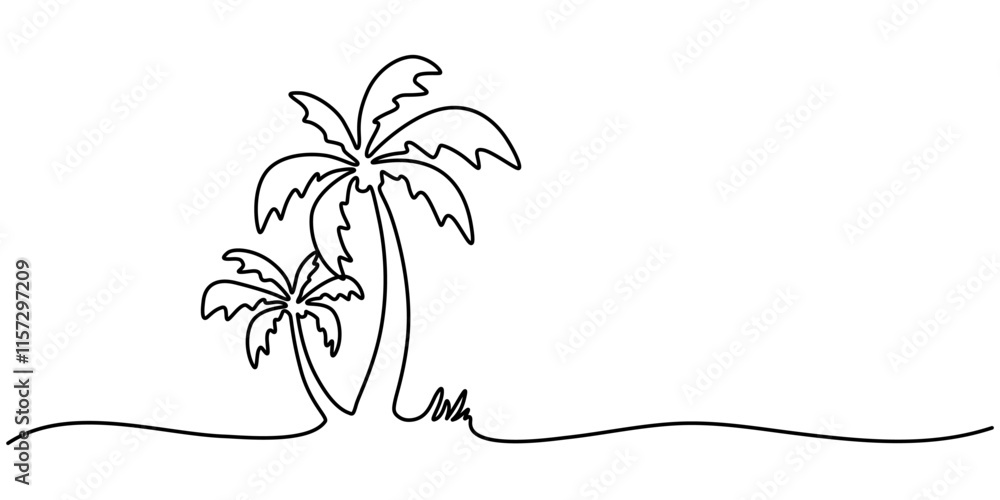 Aufkleber Continuous Line Drawing of a Palm Tree – Tropical Vector Design, Palm tree single line drawing of continuous one line vector art outline illustration, one line drawing of Palm trees on a beach. 