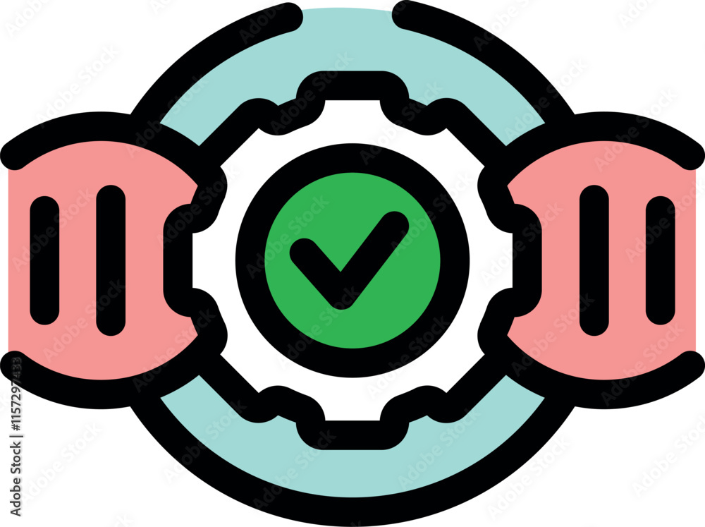 Poster two datasets merging with a central gear and checkmark, symbolizing successful integration and opera