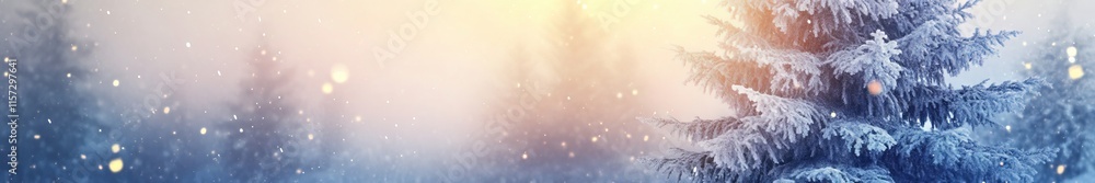 Poster Frost-covered Trees Illuminated by Soft Light Create a Serene Winter Landscape at Dawn With Falling Snowflakes