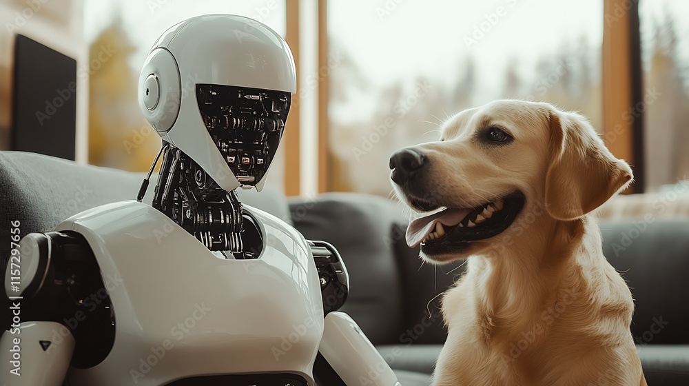 Poster dog and humanlike robot at home sharing a moment for tech and companion relationship concept : gener