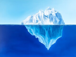 Obraz premium An iceberg visible above and below water on a clear blue background, illustrating the concept of hidden depth