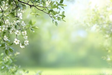 Obraz premium A serene spring scene with delicate white blossoms on a lush green background evokes the joy and renewal of Easter, symbolizing growth and the holidays essence of harmony and happiness
