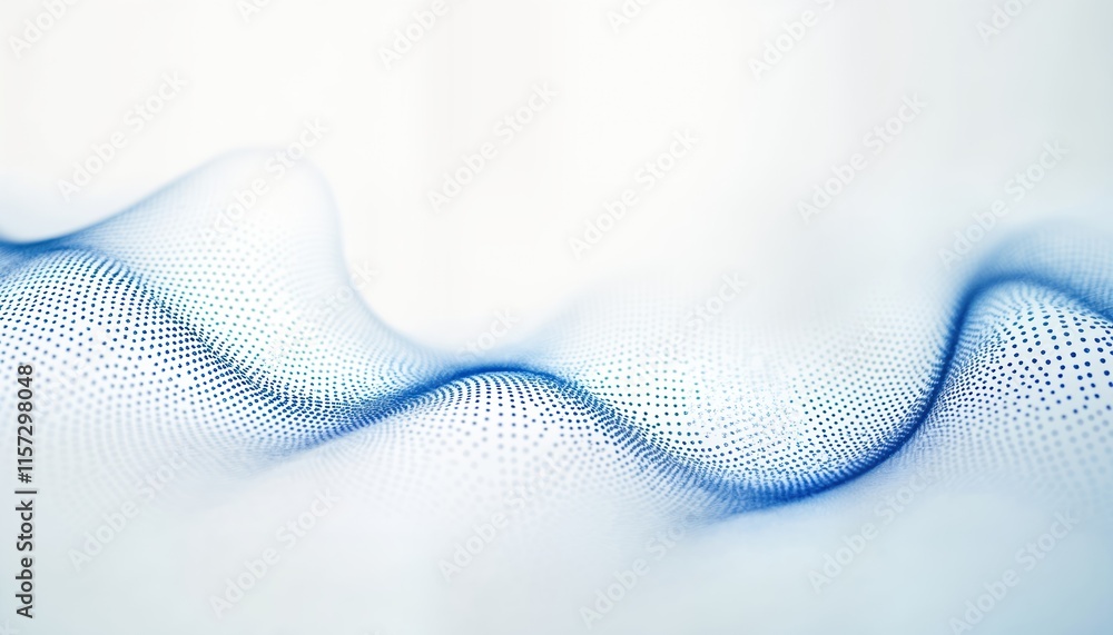 Poster Abstract pattern on white background. Blue dots, lines form wave pattern. Minimalist design. Suitable for tech, design, business concepts. Wave pattern various shades of blue. Looks modern,