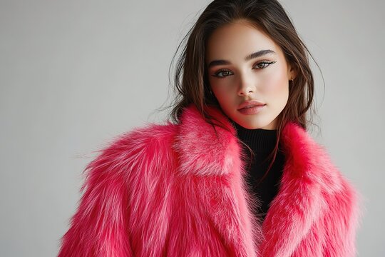 Vibrant pink fur coat exudes bold fashion statement, paired with