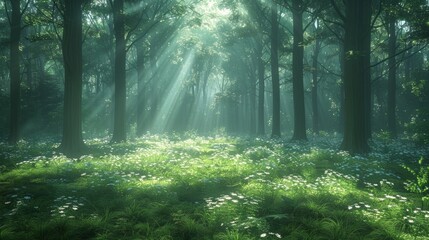 Obraz premium Sunbeams illuminate a mystical forest floor covered in white wildflowers.