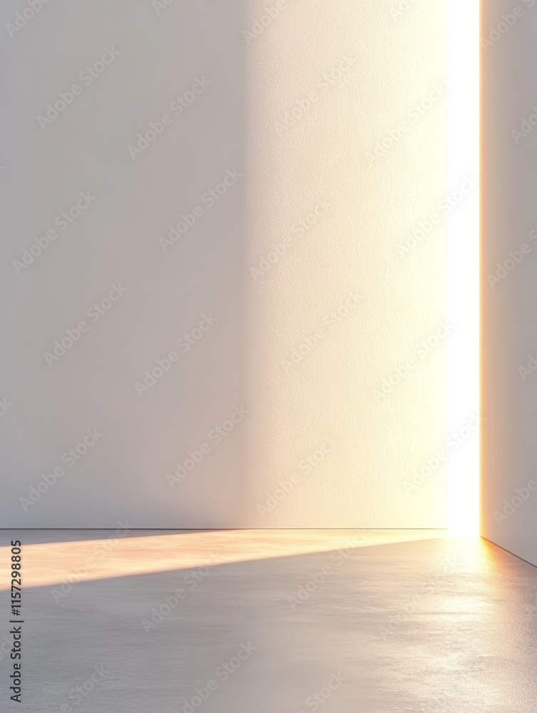 Poster light streaming through a gap in white walls, creating a serene atmosphere in a minimalist space dur