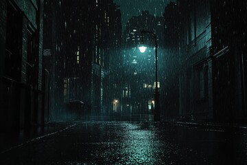 Mysterious urban scene drenched in rain, illuminated by solitary