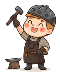 Cartoon style illustrations, Cute, Blacksmith, happy and smile, isolated on a white background