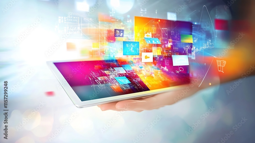 Aufkleber Innovative Tablet Technology Displaying Colorful Digital Media in Telecommunication Context : Generative AI