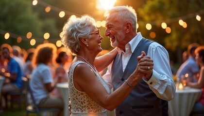 Senior couple dances joyfully at outdoor party. Enjoy summer evening gathering with friends, family. Happiness evident in close embrace. Dressed casually in light-colored clothing. Setting suggests