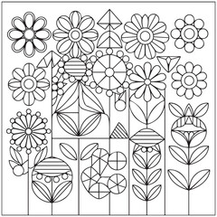 Groovy digital coloring pages. Hippie coloring book in vintage 60s style. Geometric retro design templates with Psychedelic flowers, mushrooms, rainbow and hand drawn elements. Vector illustration