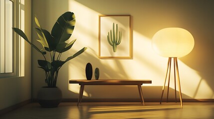 Stylish Minimalist Living Room with Elegant Lighting and Greenery : Generative AI