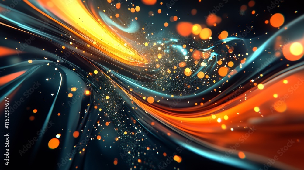 Poster colorful abstract pattern with flowing lines and glowing particles creating a dynamic visual effect
