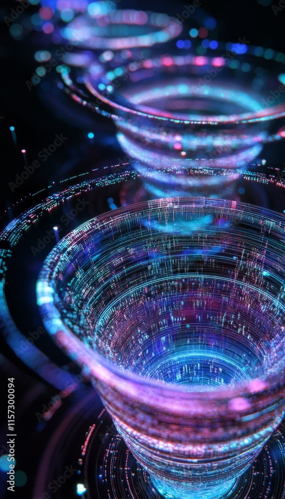 Poster digital vortex with swirling patterns and vibrant lights creates a mesmerizing visual effect in a fu