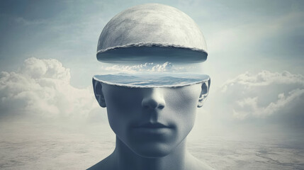 Conceptual art representation of a human head opening to the ocean under a cloudy sky at twilight