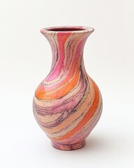 Colorful ceramic vase displays swirling patterns, blending pinks