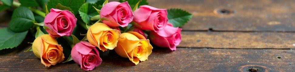 Naklejka premium Pink and yellow rose stems intertwined on a wooden table, wood, table