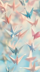 Delicate paper cranes A serene scene with soft pastel-colored paper cranes suspended in still air. HD phone wallpaper