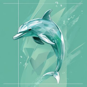 Geometric Dolphin Illustration on Teal Background with Abstract Shapes and Bubbles