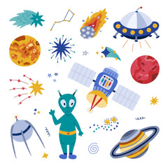 Cute cartoon space and astronomy set with friendly alien, flying saucer, satellite, planet Mars, Big Dipper. Childish symbols of galaxy. Hand drawn clipart collection isolated on white background.