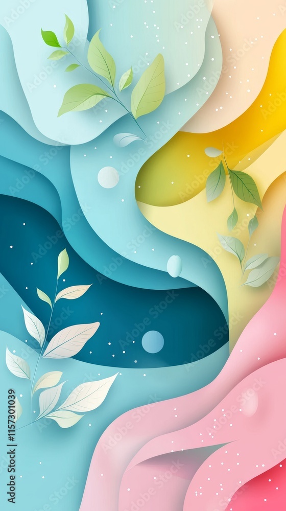 Poster colorful abstract design featuring waves and leaves that create a playful and modern aesthetic suita
