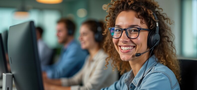 Happy call center agent smiles at camera colleagues work behind. Young team members wear headsets. In modern office. Happy customer support agents work on computers. Busy office setting with pro