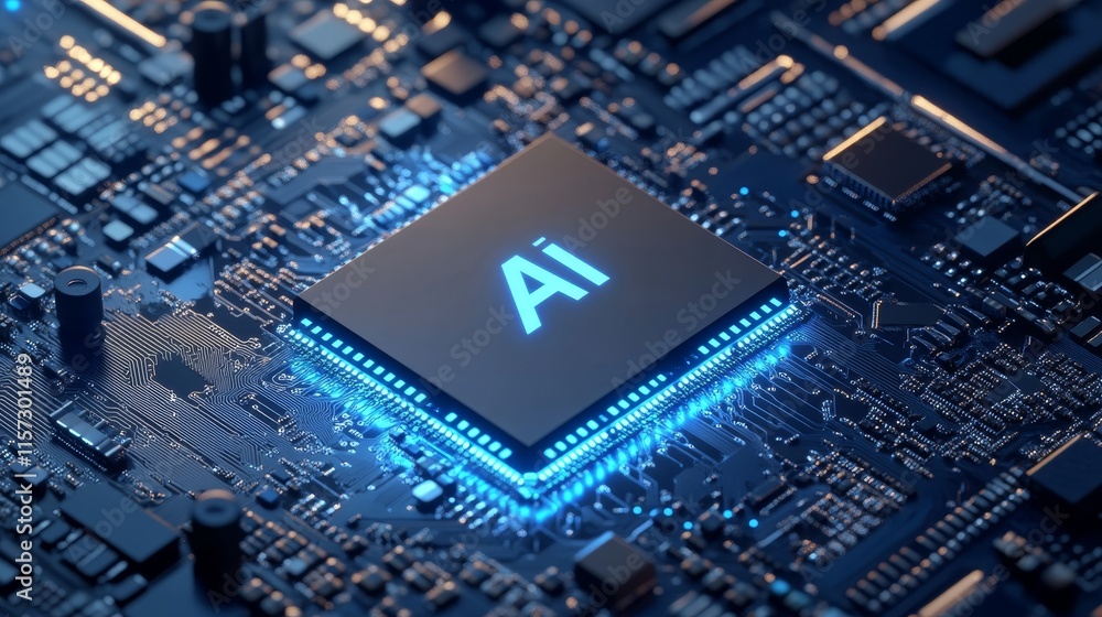Poster advanced artificial intelligence microchip embedded on a printed circuit board with glowing accents 
