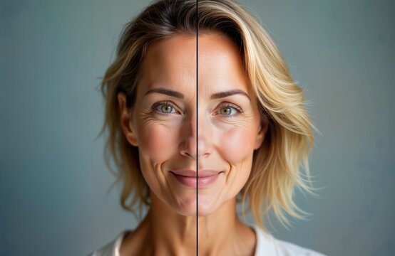 Mature woman showing face before, after rejuvenating cosmetic procedure. Clear visual comparison of skin improvement. Wrinkle reduction, facial rejuvenation noticeable. Treatment shows skin