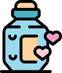 Love elixir in a glass bottle with hearts floating around, representing a magic potion for love, romance, and attraction