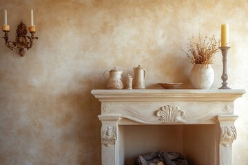 Elegant mantel displays rustic pottery and delicate candles agai