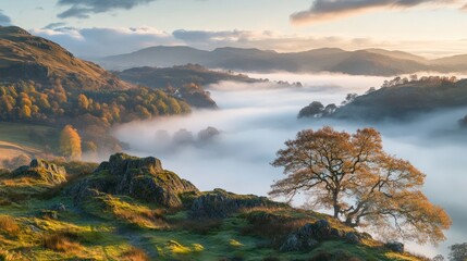 Obraz premium Stunning Morning Landscape: Misty Valleys and Majestic Mountains in Soft Light