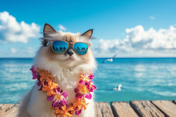 Obraz premium Cool Cat Sunglasses Tropical Lei Beach Vacation