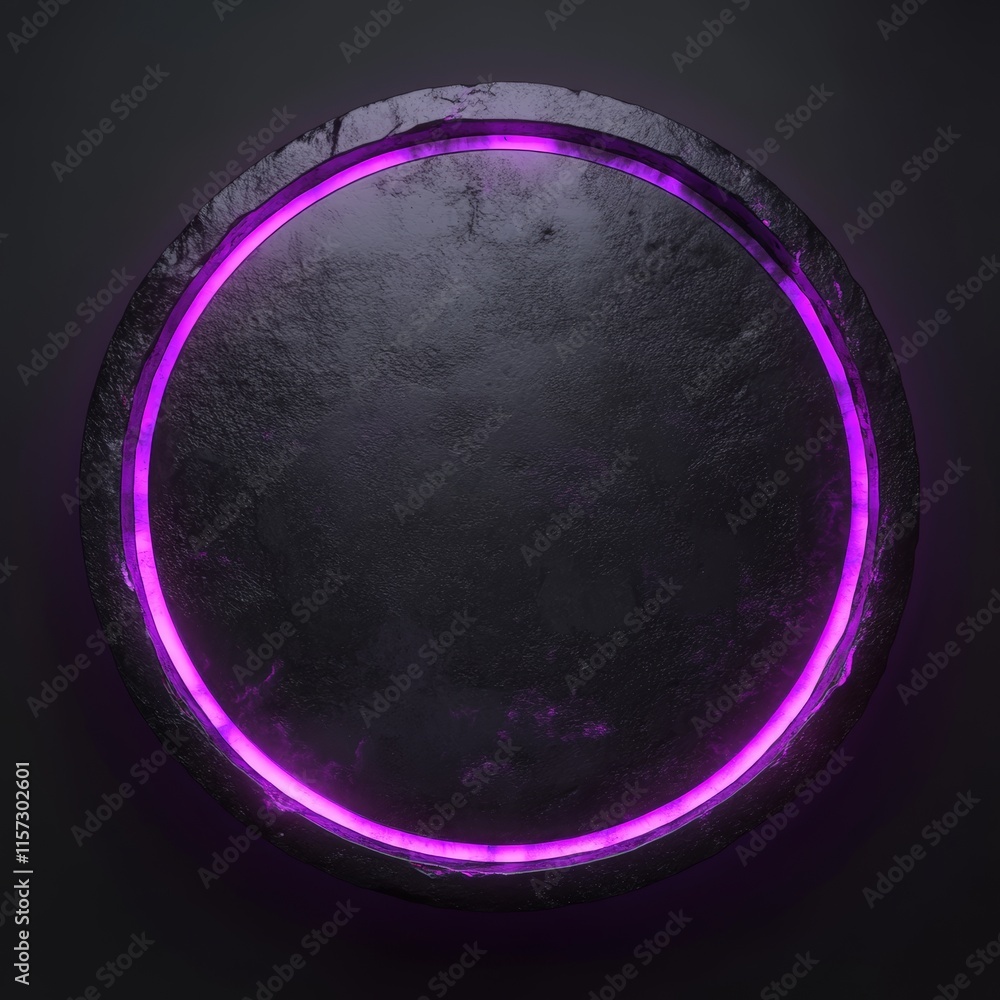 Poster circular design featuring a glowing purple light on a dark textured surface, creating a modern aesth