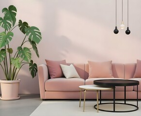 A modern living room with a pink velvet sofa , a large potted plant , and a round coffee table with a minimalist design.