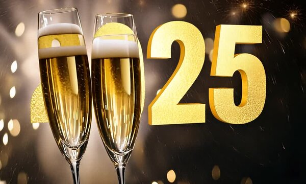 2 fl&ucirc;tes de champagne p&eacute;tillant devant les chiffres dor&eacute;s 2025, ambiance festive et &eacute;l&eacute;gante pour c&eacute;l&eacute;brations du Nouvel An
