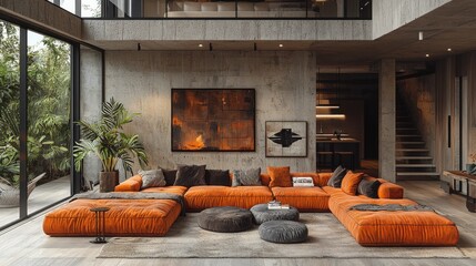 A modern urban living room showcasing an orange sectional sofa, stylish decor, and lush greenery. The space features concrete walls and a cozy atmosphere.