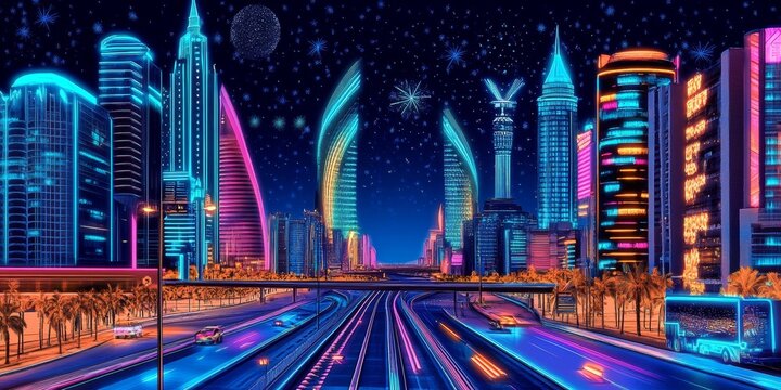 City Skyline Illuminated by Vibrant Neon Lights, Showcasing Modern Architecture and Lively Atmosphere During Nighttime