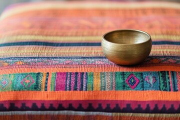 Colorful textile background with metallic bowl, evoking warmth a