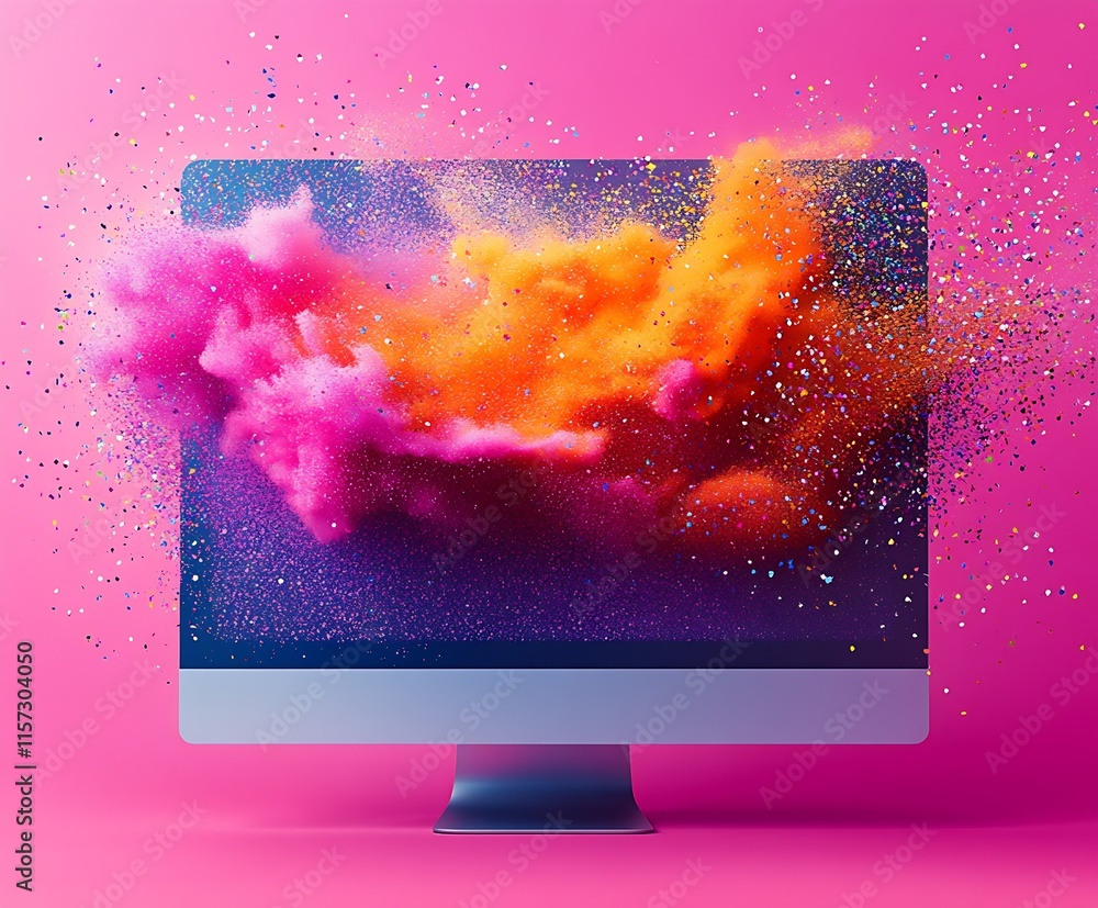 Aufkleber colorful explosion of powder from computer monitor on pink background : generative ai