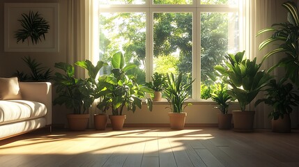 Tranquil Sun-Drenched Living Room with Abundant Indoor Greenery and Ambient Light : Generative AI