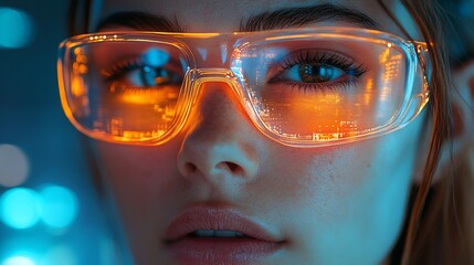 Cyberpunk Woman with Futuristic Goggles Reflecting a Cityscape